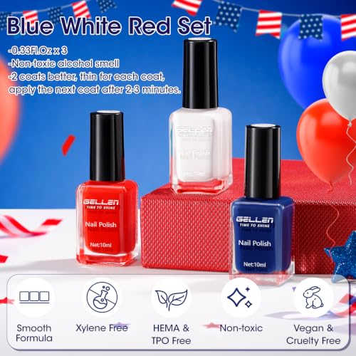 GELLEN 4th of July Nail Polish Set Blue Red White No Lamp Needed Summer