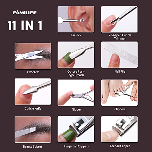 FAMILIFE 11-in-1 Manicure & Pedicure Set - Stainless Steel Nail Kit
