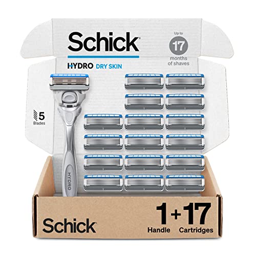 Schick Hydro Dry Skin Razors for Men | 5-Blade Mens Razors for Shaving, 1 Mens Razor Handle with 17 Razor Blades Refills