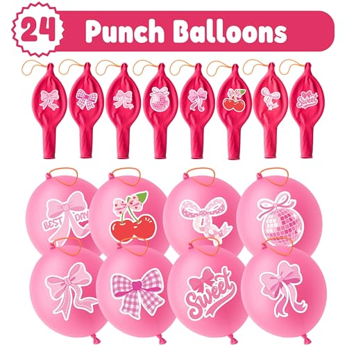 Pink Bow Party Favors Set - 24 Punch Balloons & 48 Tattoos