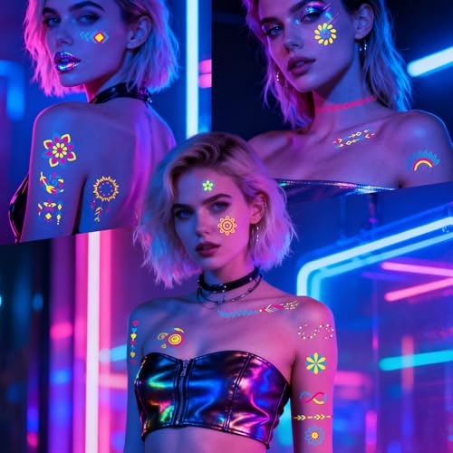 Glow in the Dark Tattoos 256+ PCS ? Luminous Party Supplies Neon Body Paint UV Face Temporary Tattoos for Adults Teens, 32 Sheets Neon Accessories Party Favors & Decorations