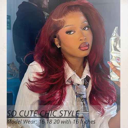 12A Burgundy Red Bundles with Closure 2x6 Human Hair Body Wave 16 18 20+16 Inch, 3 Bundles and 2x6 HD Transparent Lace Closure Human Hair Deep Part Cherry Red 99J Colored Bundles Quick Weave