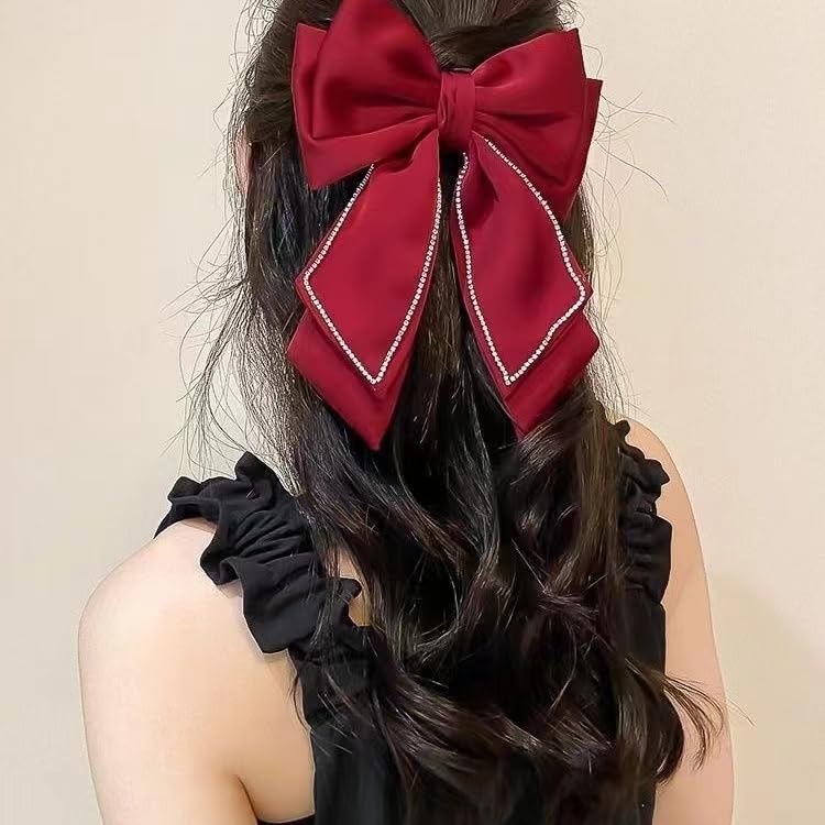 Christmas Hair Bows,Hair Bow Clip, Silky Satin Hair Bows for Women Hair Ribbons Oversized Long Tail Black Hair Bow and Red Hair Bow Hair Barrettes, Metal Clips Bowknot Hair Accessories(Red)