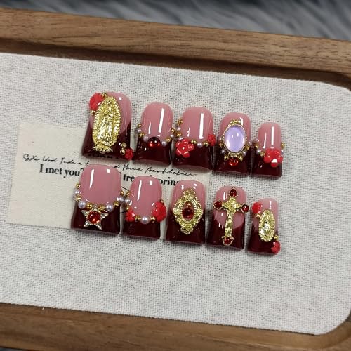 Short Duckbill Press on Nails - Wine Nude Ombre with Pearl & Cross Charms | Icy Glitter False Nails | Vintage Glam Style for Everyday & Holiday(M)