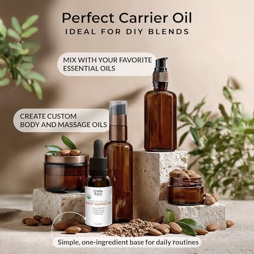 Organic Sweet Almond Oil | 100% Pure, Cold-Pressed, Unrefined | USDA Certified Organic | Amber Glass Bottle with Glass Dropper | For Face, Skin & Hair - 1 Fl Oz