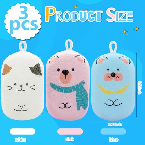 Kids Bath Loofah Sponge 3-Pack with Pink, Blue, White - Soft Exfoliating Body Scrubber for Babies & Toddlers