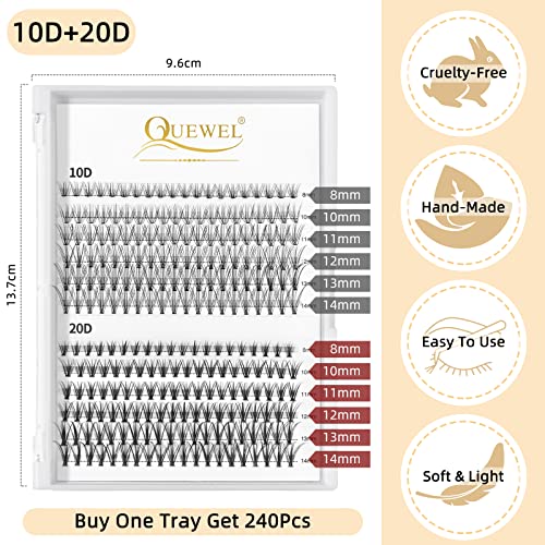 Cluster Lashes 240Pcs Individual Lashes 10D+20D D Curl Mix8-14mm & Black Cluster Eyelash Glue For DIY Eyelash Extensions