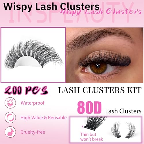 80D Wispy Lash Clusters Kit 8-16mm with Bond & Tweezers