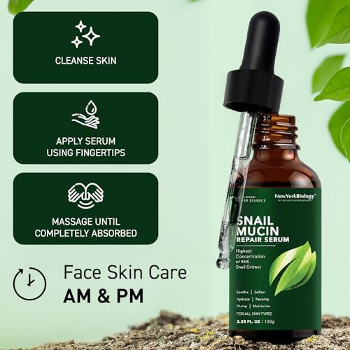 New York Biology 96% Korean Snail Mucin Serum for Face 3.38 Fl. oz 100 ml ? Facial Skin Care Snail Mucin Moisturizer for Dry, Dull Skin and Wrinkles ? Skin Care Hydrating Face Serum