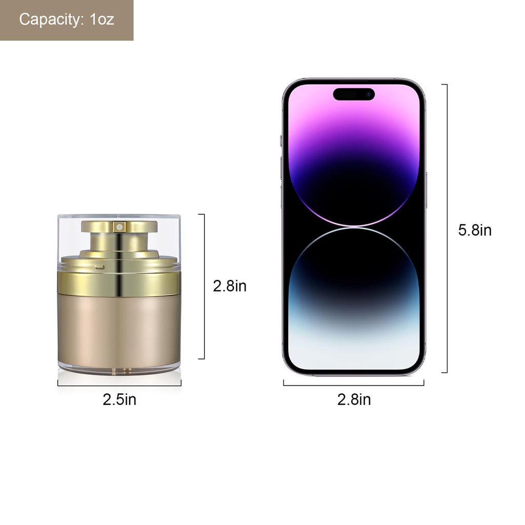UMETASS 2-Pcs 1 oz Airless Pump Jar, Refillable Cream Jar Vacuum Bottle Travel Size Empty Container for Cream and Lotion (1 oz-Gold)