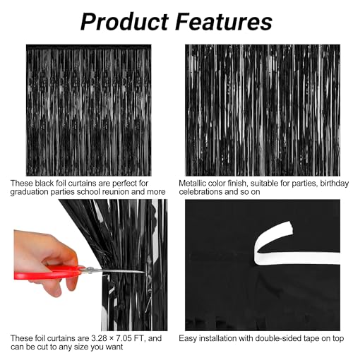 Black Foil Curtain Backdrop 2 Pack - 3.28 x 7.05 FT Party Decorations