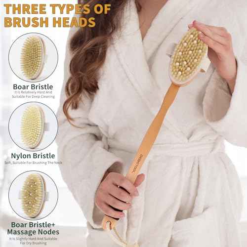 Dry Brush Set for Body & Face - Dry Brushing Body Brush with Long Handle & 3 Replacement Heads (Soft/Medium/Firm) for Lymphatic Drainage Cellulite