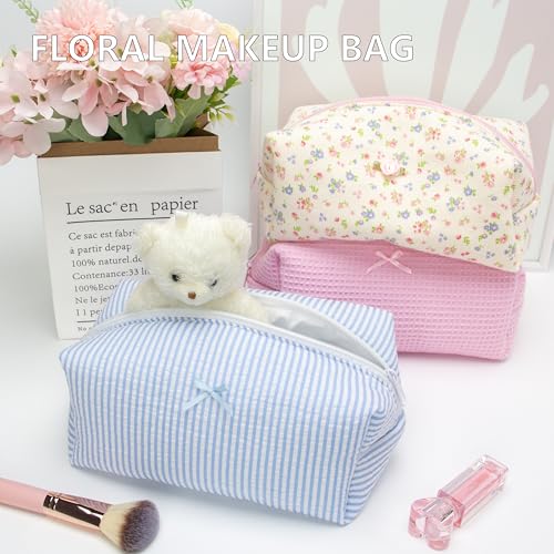 PAZIMIIK 6PCS Cozy Makeup Bag SET Travel Cosmetic Bag for Women Soft Toiletry Bag Aesthetic Makeup Organizer Portable Large Zipper Pouch for Skincare Beauty Accessories Brushes Stripe Blue