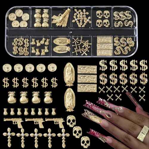 58PCS 3D Nail Charms - Gold Alloy Dollar, Gun, Virgin Mary,Cron & Cross Charms, Shiny Nail Rhinestones for Nail Art, Manicure, DIY Jewelry Making