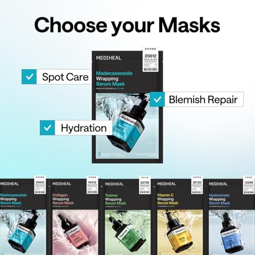 Mediheal Wrapping Serum Mask [Madecassoside] Blemish Repair ? Intensive Calming & Repair Care with 98% Pure Madecassoside & CICA Complex ? Helps Calm Skin's Blemish Spots (10 Sheets)