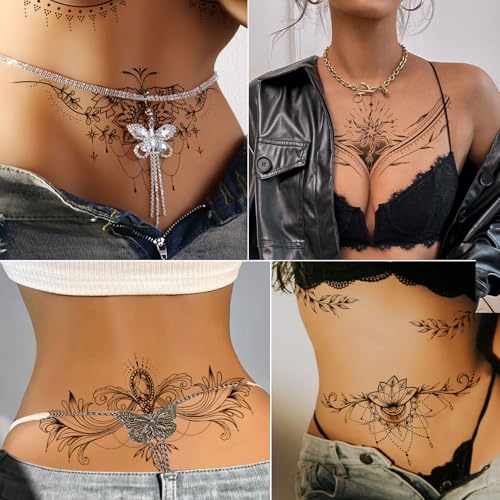Tazimi 10 Sheets Large Black Flower Chest Underboob Temporary Tattoos for Women &Waist Back Fake Tattoos for girl Adults, Realistic Mandala Flower branch Tattoo Stickers Body Art