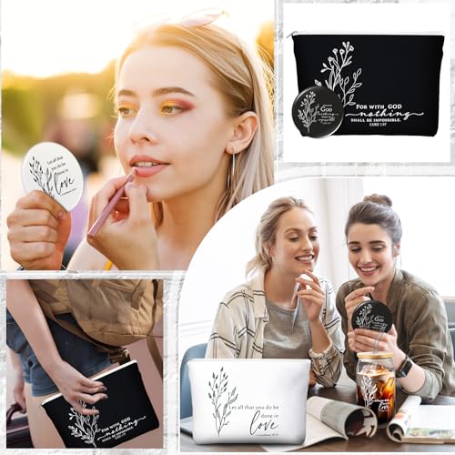 Fumete 2 Sets Christian Gift for Women Easter Mother's Day Sunday School Teacher Makeup Bag Flower Bible Verse Coffee Cup with Bamboo Lid Straw Religious Church Mini Compact Mirror (Bible-A)