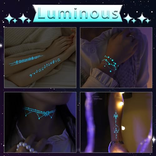 Glow in the Dark Temporary Tattoos | 10 Sheet Luminous Fake Tattoo Stickers