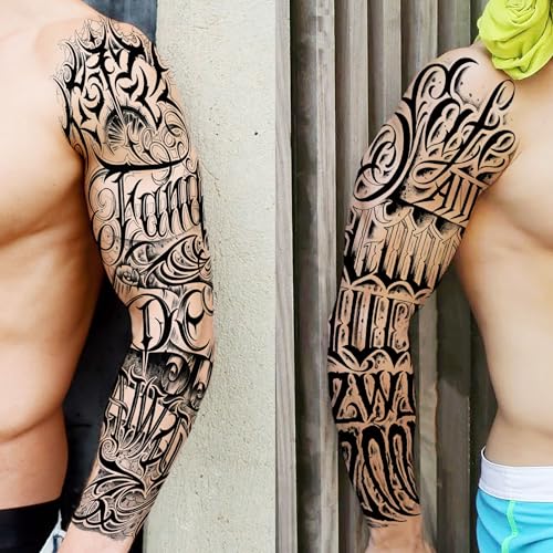 20 Sheets Cool Tirbal Maori Full Arm Temporary Tattoos For Men Adults Thigh, Black Totem Armband Robot Arm Letter Fake Sleeve Tattoos For Women, Bulk 3D Halloween Tattoo Stickers Loyalty Faith
