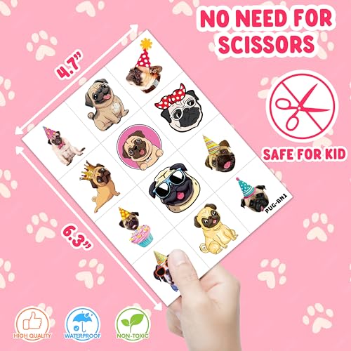 96 Pcs Pug Temporary Tattoos for Kids - Party Favors