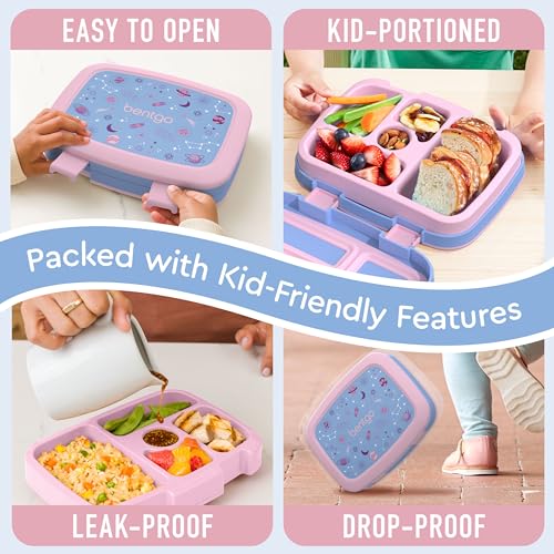 Bentgo Kids Prints Leak-Proof, 5-Compartment Bento-Style Kids Lunch Box - Ideal Portion Sizes for Ages 3-7, Durable, Drop-Proof, Dishwasher Safe, & Made with BPA-Free Materials (Lavender Galaxy)