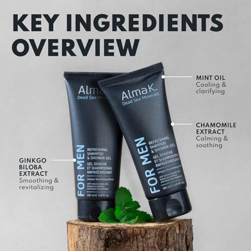Alma K Refreshing Shampoo and Shower Gel - 2 in 1 Mens Body Wash and Clarifying Shampoo - Antioxidant-Rich with Argan Oil, Dead Sea Minerals - 6.8 oz