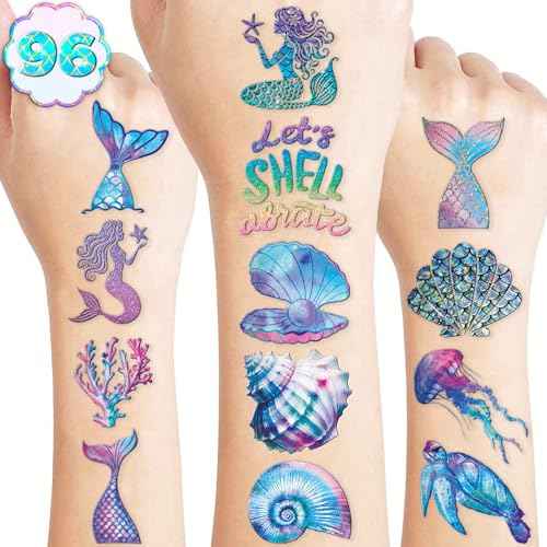 96 PCS Mermaid Ocean Sea Pre-Cut Temporary Tattoos for Kids | Super Cute Themed Birthday Party Favors, Supplies, Decorations, Purple Fake Tattoo Stickers (Multiple)
