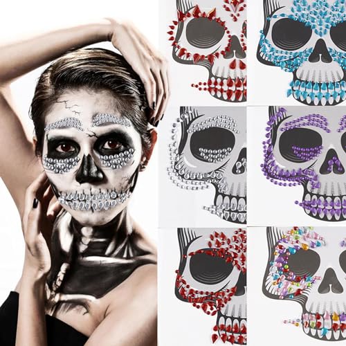 6 Sheets Halloween Face Gems Rhinestone Tattoo Stickers
