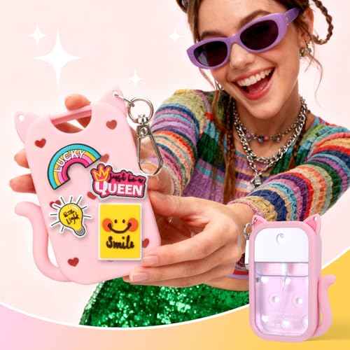 Juome Silicone Case for Touchland Hand Sanitizer Spray with Keychain & Charms, Cat Protective Holder Compatible with Touchland Power Mist & Glow Mist 1 FL Oz/30ML, Travel Cover Sleeve Accessory (Pink)