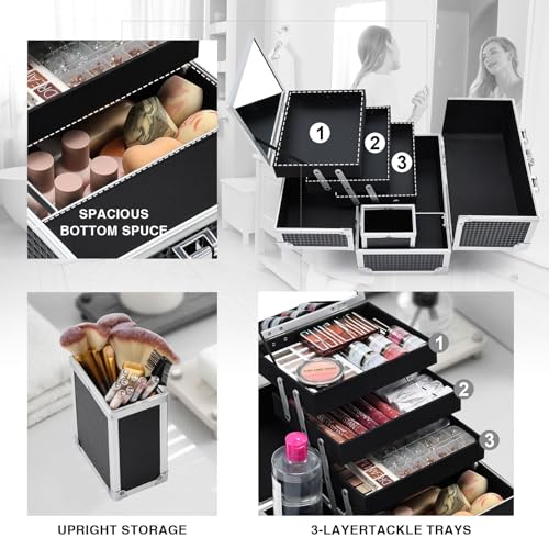 Joligrace 3-Tray Makeup Case with Mirror & Brush Holder