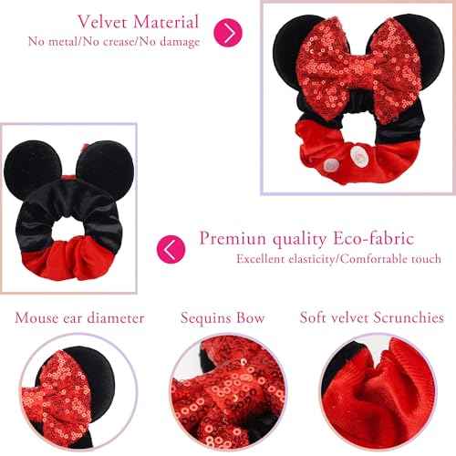6 Pack Mouse Ears Scrunchies Velvet Sparkle Sequin Mouse Bows Hair Scrunchies Hair Ties Elastic Rubber Bands Ponytail Holders for Kids Women Girls Christmas Party Decoration