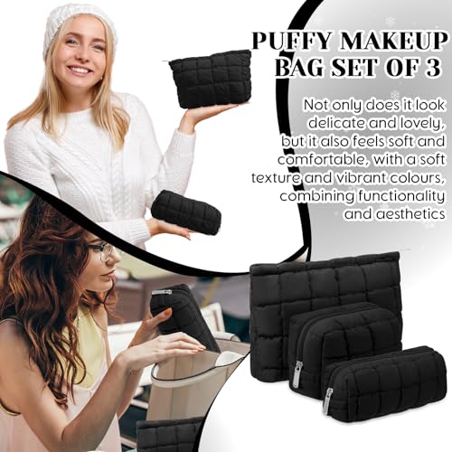Huhumy 3-Piece Quilted Makeup Bag Set - Black Cosmetic Pouches