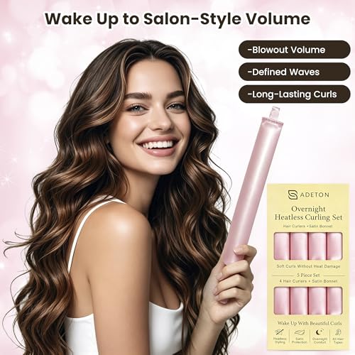 ADETON Heatless Hair Curlers Set Satin Overnight Curling Rods with Bonnet for Long Hair