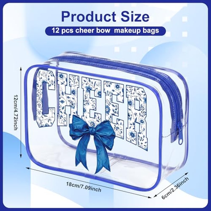 12Pcs Clear Cheer Makeup Bags with Blue Bow - Team Cosmetic Pouches