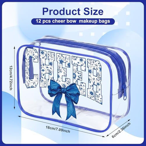 12Pcs Clear Cheer Makeup Bags with Blue Bow - Team Cosmetic Pouches