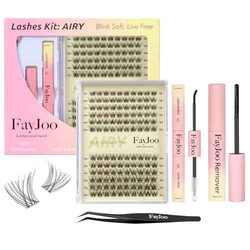 Natural Wispy Soft Lash Clusters Kit with 0.05mm Invisible Band, C Curl 8-16mm, DIY Salon Eyelash Extensions with Bond Seal Remover Tweezer, FayJoo AIRY 11 Kit