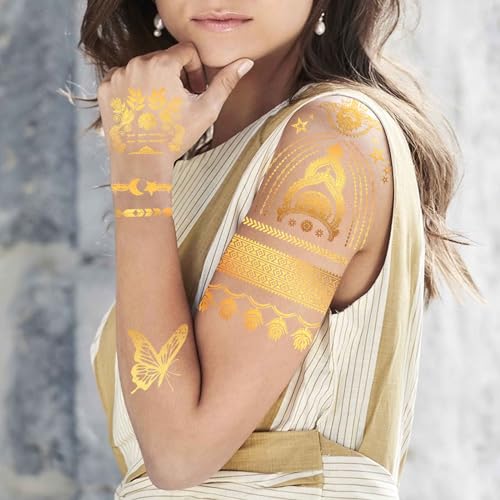 Konsait 9 Sheets Gold Metallic Temporary Tattoos for Women