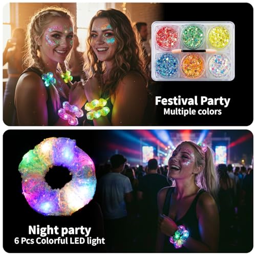LED Light Up Hair Scrunchies & Glow-in-the-Dark Body Glitter Set for Parties
