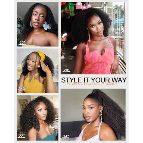 Kinky Curly Half Wig Human Hair 200% Density Wear And Go Glueless Wigs Human Hair Flexi-Fit Afro Curly 3 In 1 Half Wigs for Black Women Drawstring Seamless Flip Headband Wig 20 Inch