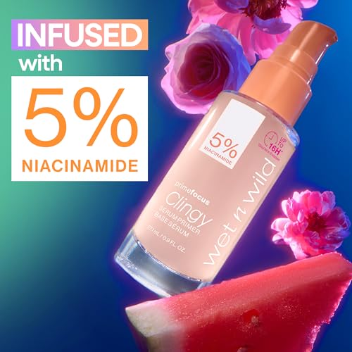 wet n wild Prime Focus Clingy Serum Primer, Hydrating & Brightening with 5% Niacinamide & 8% Glycerin, Long-Lasting 16-Hour Wear, Dewy Finish Skin-Enhancing Formula, Cruelty-Free