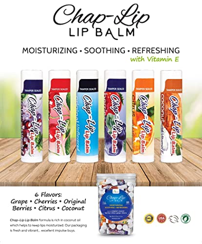 Chap-Lip Lip Balm Vitamin E with Coconut Oil - Lip Moisturizer Treatment - Moisturizing, Soothing, & Refreshing, Total Hydration Treatment & Lip Therapy - Assortment of 6 Refreshing Flavors, 48 Count