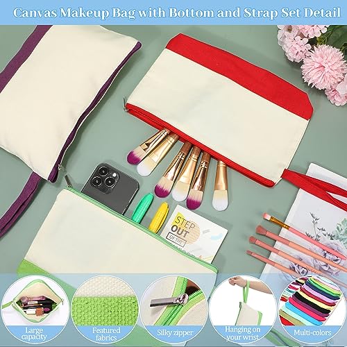 Silkfly 48 Pcs Cotton Canvas Makeup Bags Canvas Cosmetic Zipper 10.2 x 5.5 x 2 Inches Blank DIY Pouch Bag Bulk with Bottom Pencil Case Travel Toiletry Pouch for Women (24 Colors)