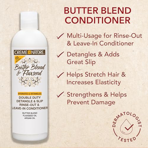 Creme of Nature Double Duty Detangle and Slip Rinse-Out and Leave-In Conditioner with Butter Blend, Flaxseed and Argan Oil, Moisture-Rich, Multi-Use Detangling for Natural Hair, 12 oz
