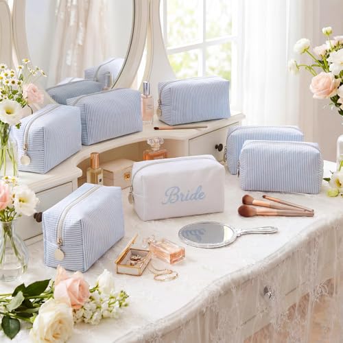 8-Piece Bridesmaid Makeup Bags Set | Seersucker Cosmetic Pouch Bulk