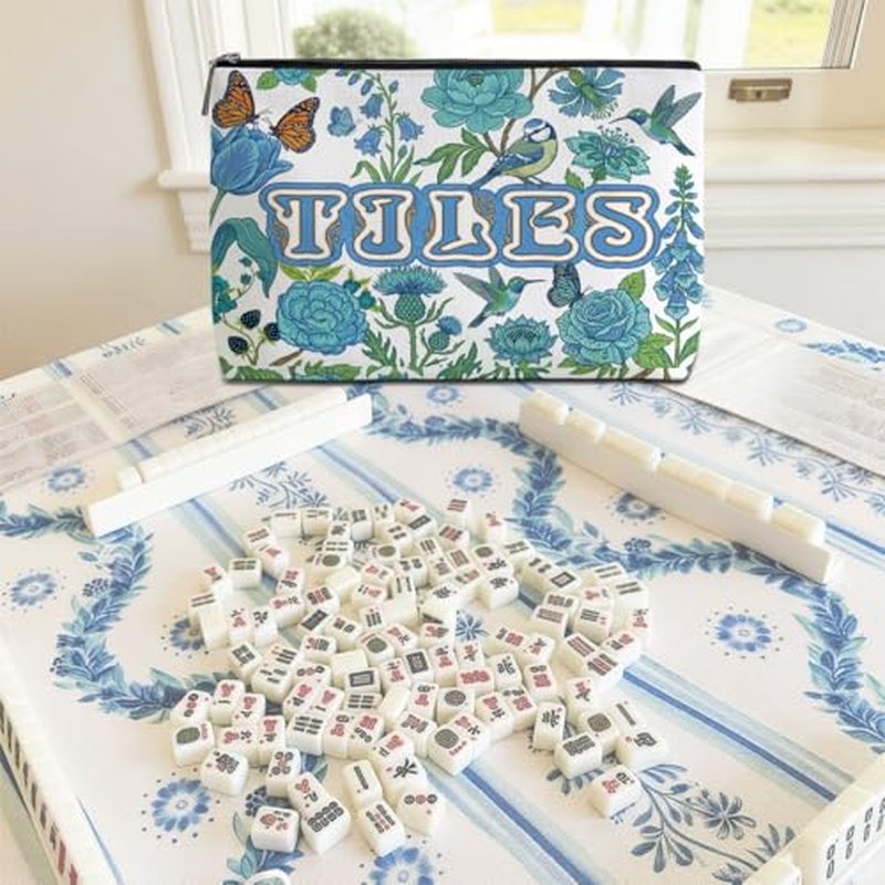 Blue Leaves Mahjong Tile Bag - Durable Canvas with Zipper