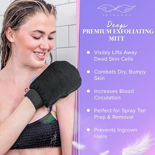 Seraphic Skincare Premium Exfoliating Mitt for Body, Deep – Viscose Fiber Korean Exfoliating Glove for Normal to Dry Skin – Body Exfoliator for Self-Tan Removal and Application