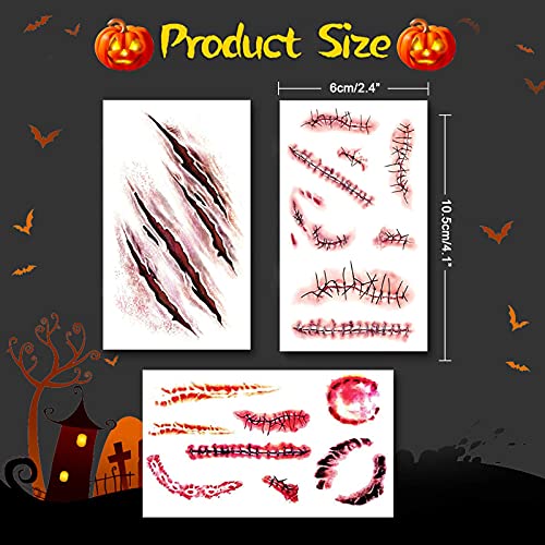9 Sheet Body Face Temporary Tattoos Realistic Fake Wound Stitch Scar Scab Waterproof Horror Sticker Halloween Fool's Day Zombie Masquerade Prank Makeup Props for Kids Adult