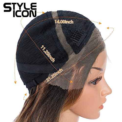 Style Icon 13x2 Highlight Lace Front Free Part Wig 24?Updo U Part Lace Frontal Long Wavy Wig With Bangs High Temperature Synthetic Hair(24 Inches, HI-PECAN)