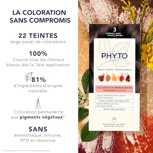 PHYTO Phytocolor Permanent Hair Color, 3 Dark Brown, with Botanical Pigments, 100% Grey Hair Coverage, Ammonia-free, PPD-free, Resorcin-free, 0.42 oz.