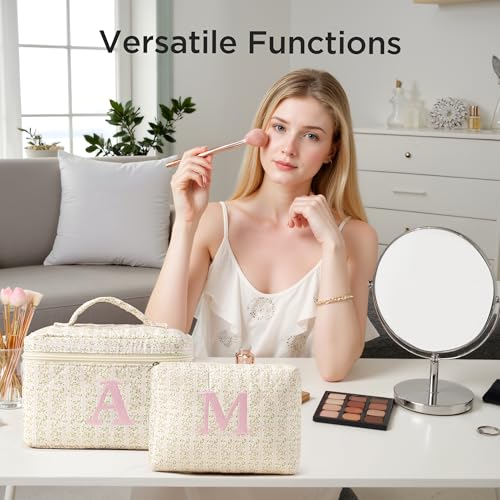 HBselect 2Pcs Initial Quilted Makeup Bag, Pink Cosmetic Travel Toiletry Bag, Flowers Coquette Zipper Make Up Pouch Organizer Teen Girl Gift Trendy Stuff T